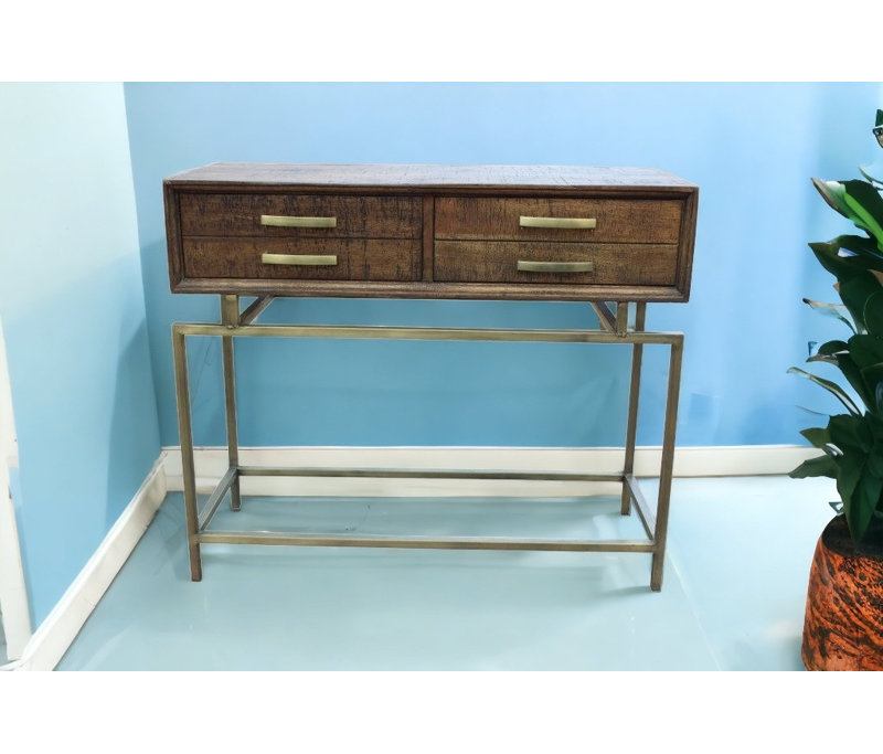 Console 36 po en bois massif brun et laiton patiné avec rangement