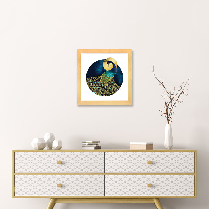 Golden Peacock - impression d'art graphique, Papier avec cadre beige, Blanc, H 16 po x l 16 po x p 1 po