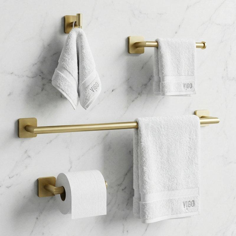 VIGO Satro 4-Piece Matte Brushed Gold Bathroom Hardware Set with 24-in Towel Bar, Toilet Paper Holder, Hand Towel Holder and Hook