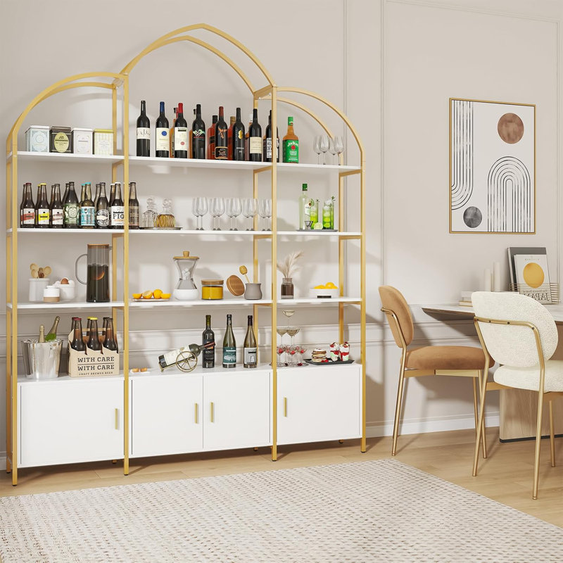 Arched Bookshelves and Bookcases: Triple Wide 5-Tier Large Open Bookshelf, White/Gold