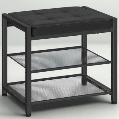 3-Tier Shoe Storage Bench With Cushioned Seat, Freestanding Entryway Organizer With Metal Mesh Shelves For Hallway Or Bedroom