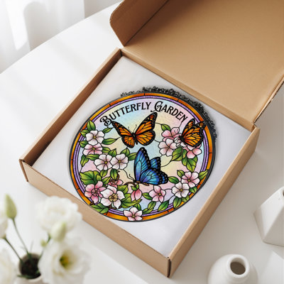 12"H Butterfly Garden Stained Glass Window Panel