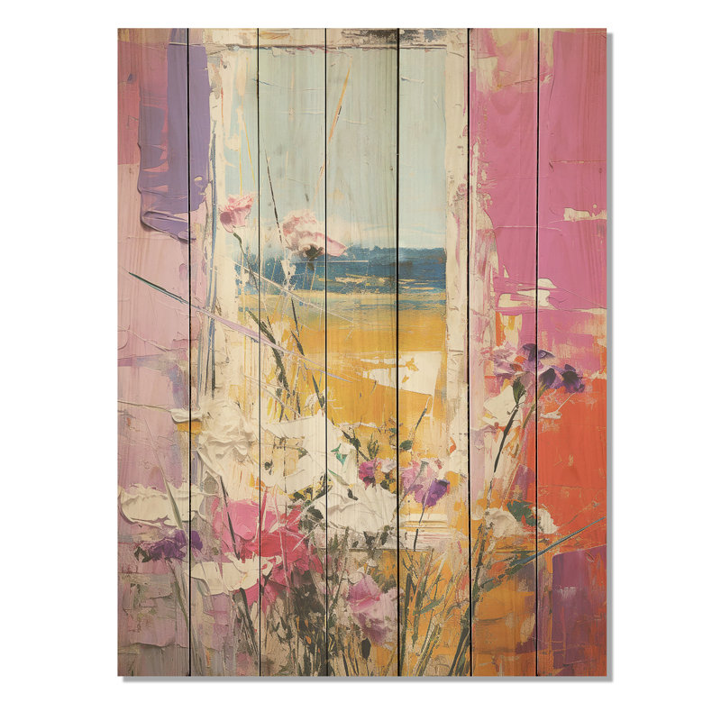 Motif floral rose et jaune avec vue sur la brise I - prairie sur bois, H 32 po x l 24 po
