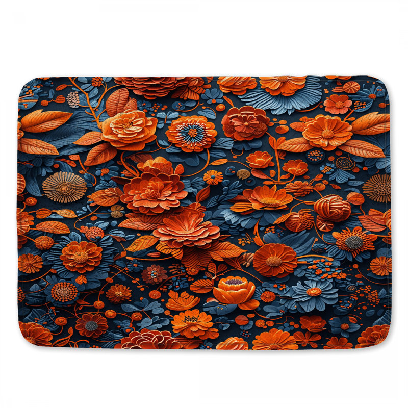 Tapis de bain orange à motif floral bleu, L 34 po x L 21 po