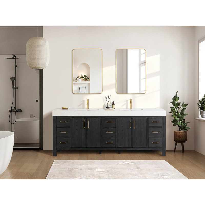 Leon 84'' Double Bathroom Vanity with Engineered Marble Top, White, Gold, Black