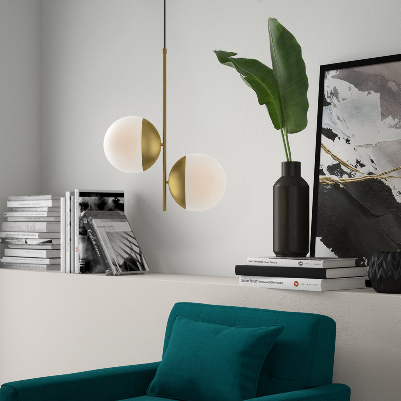 Yearby 2-Light Dimmable Globe Chandelier, Brass, Frosted White
