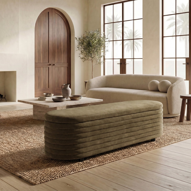 Banc de rangement rembourré Delray, Velours vert olive foncé