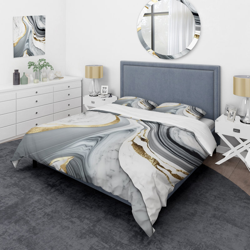 Ensemble de housse de couette Abstract Geode Marble Waves Grey II Bed, Housse de couette simple + 1 taie décorative stan