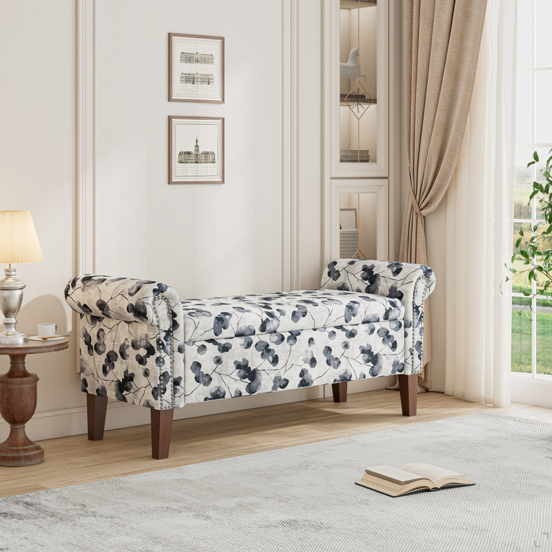 Traditional Rolled Arm Storage Bench Ottoman With Pewter Nailhead Trim Floral With Dark Brown Solid Wood Legs
