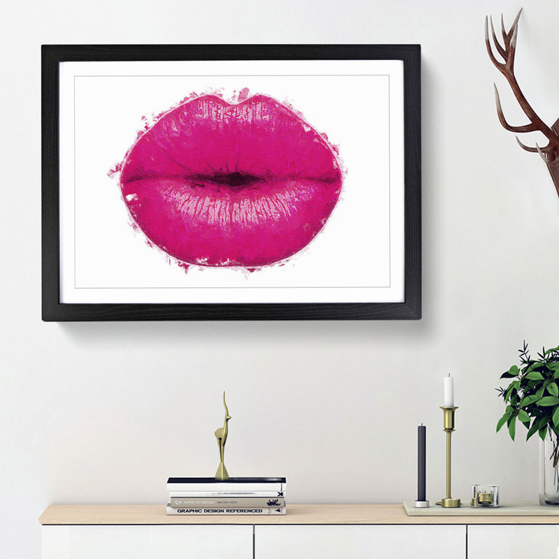 Hot Pink Lips in Abstract - Picture Frame Painting Print on MDF, 62cm H x 87cm W x 2cm D, Black Framed