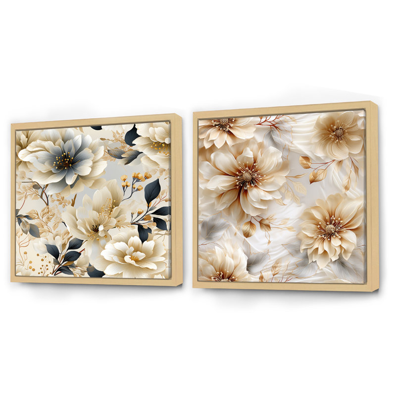 Apolline - Ensemble de 2 collages carrés floraux, Cadre flottant brun, H 30 po x l 61 po