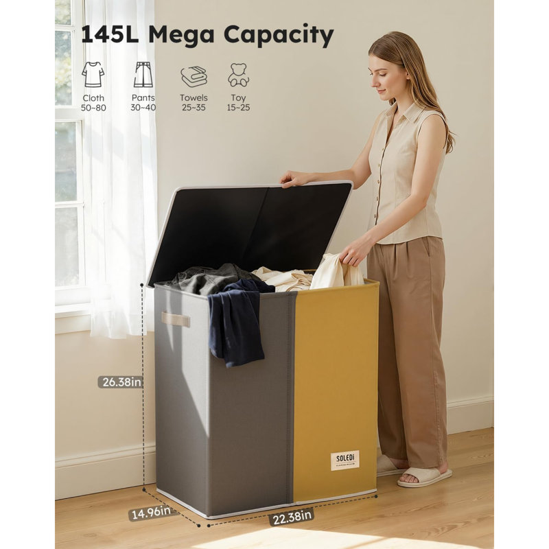 Large Double Laundry Hamper With Lid, Collapsible Clothes Hamper 2 Section With Removable Bags, Space-Saving Laundry Basket For Bedroom, Dorm, College