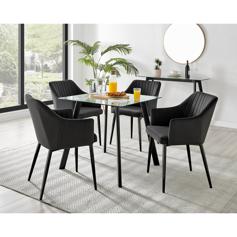 Scandinavian Style Glass and Metal Leg Square Dining Table Set - 4 Modern Velvet Dining Chairs, Black/Black