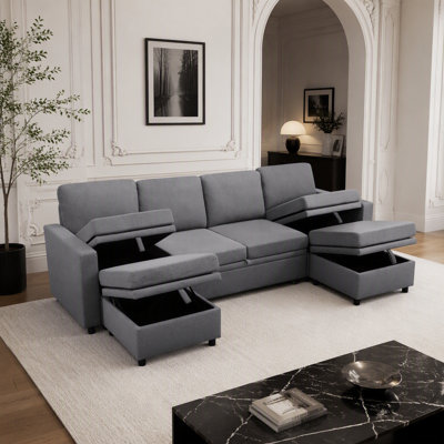 Canapé-lit convertible en forme de U extra large 100,1 po gris foncé avec 2 repose-pieds