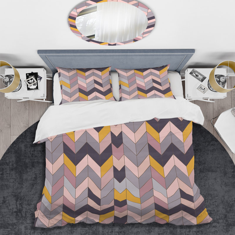 Ensemble de housse de couette à chevrons mauves et roses, Housse de couette très grand + 2 taies décorativ