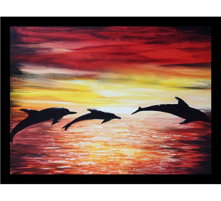 Dolphin And Sunset Linocut Art Print by Energy of the Sea - Fy
