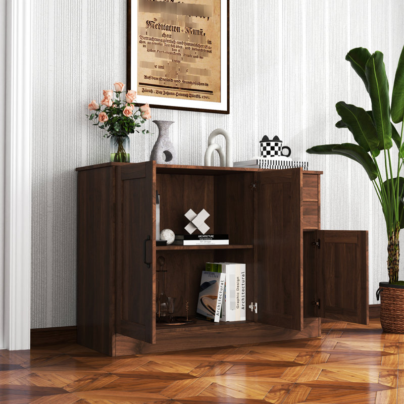 Buffet moderne en bois avec 2 portes, 1 rangement et tiroirs, Walnut