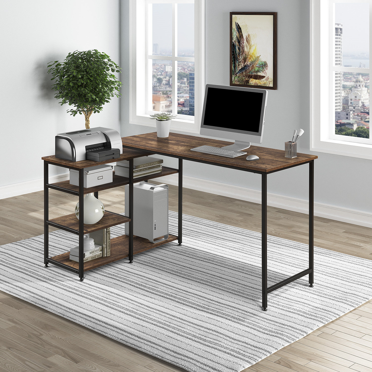 Fortson 95.2 L Shaped Desk with Shelves, Reversible Corner Computer Desk or 2 Person Long Table 17 Stories Color (Top): Oak