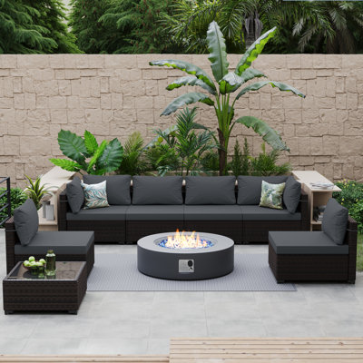 8-Piece Rattan Patio Conversation Set with Cushions and 42-Inch Outdoor Fire Pit Table