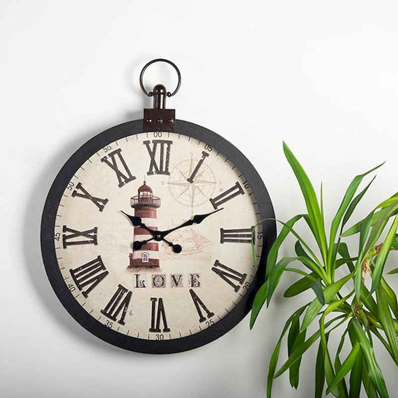 Vintage Black and Beige Wooden Wall Clock with Lighthouse Design