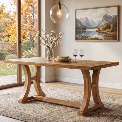 Table de salle à manger en bois massif de 160 cm (63 po), table de cuisine rustique de style campagnard avec piètement à tréteaux incurvé, table rectangulaire pour 4 à 6 personnes.