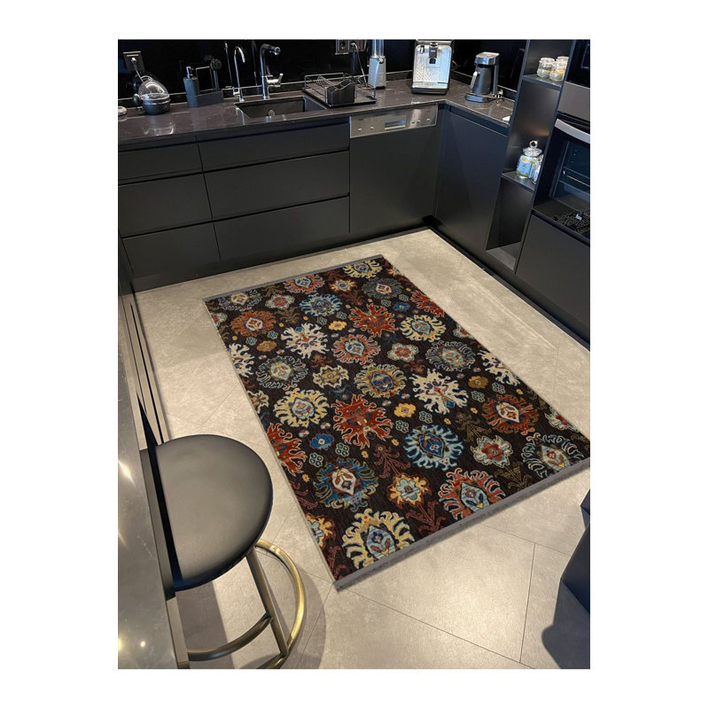 Tapis décoratif foncé à motif frangé et à motif de figurines de style brun foncé lavable à la machine