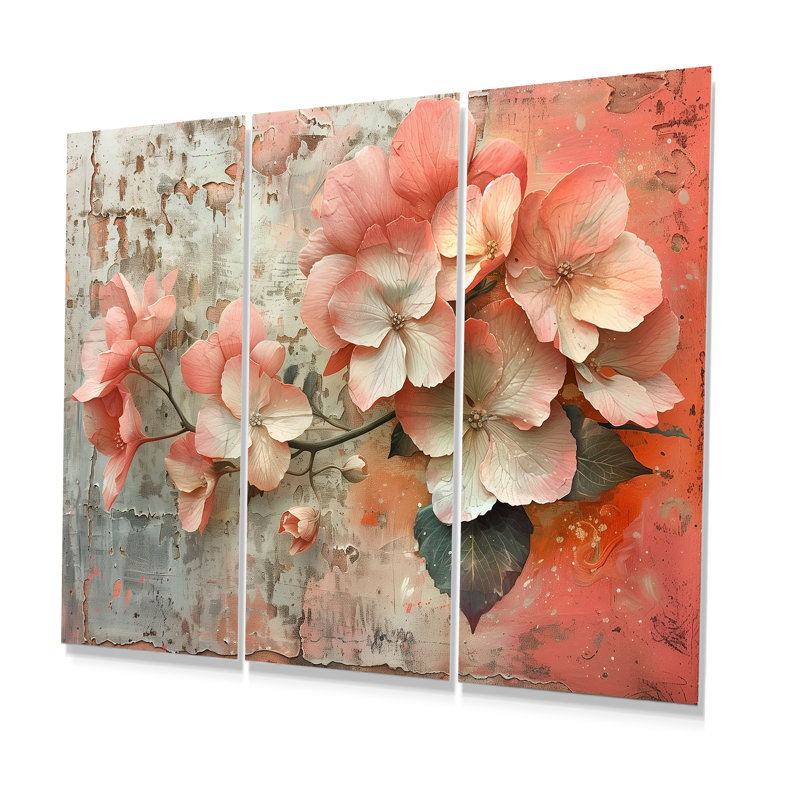 Ensemble de reproductions d'art mural hortensia rose et gris, Métal métal, H 32 po x l 48 po x P 1 po