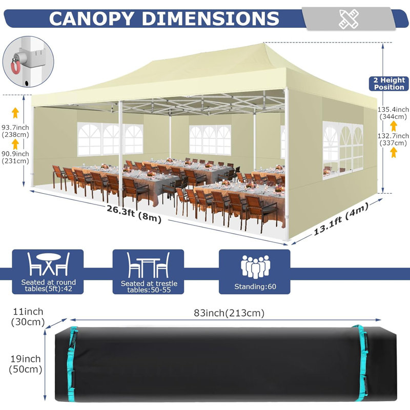 Auvent résistant avec parois latérales 13 x 26 pi, auvent imperméable UPF 50+, Kaki