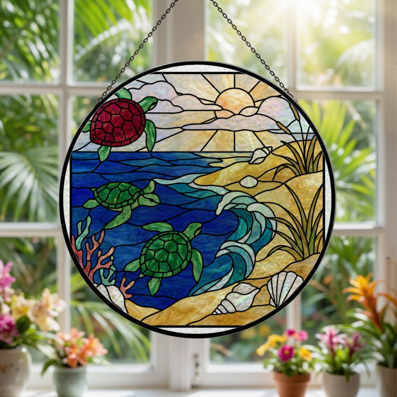 Panneau de vitrail de tortue de mer H 7,8 po