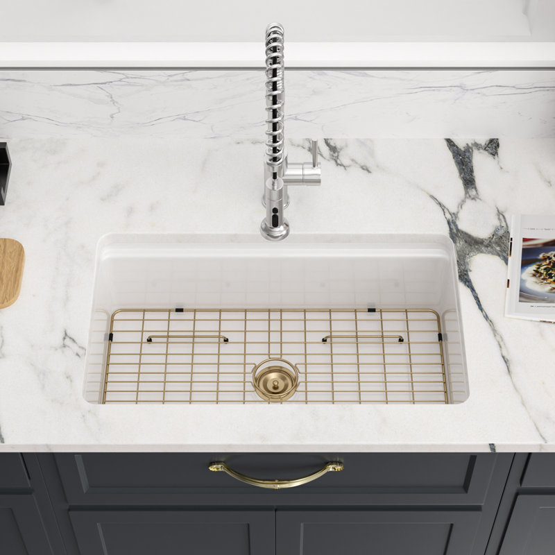 33" L x 19" W Large Single Bowl White Firecly Undermount/Drop-In Kitchen Sink with Ledge Workstation and Sink Grid Protection