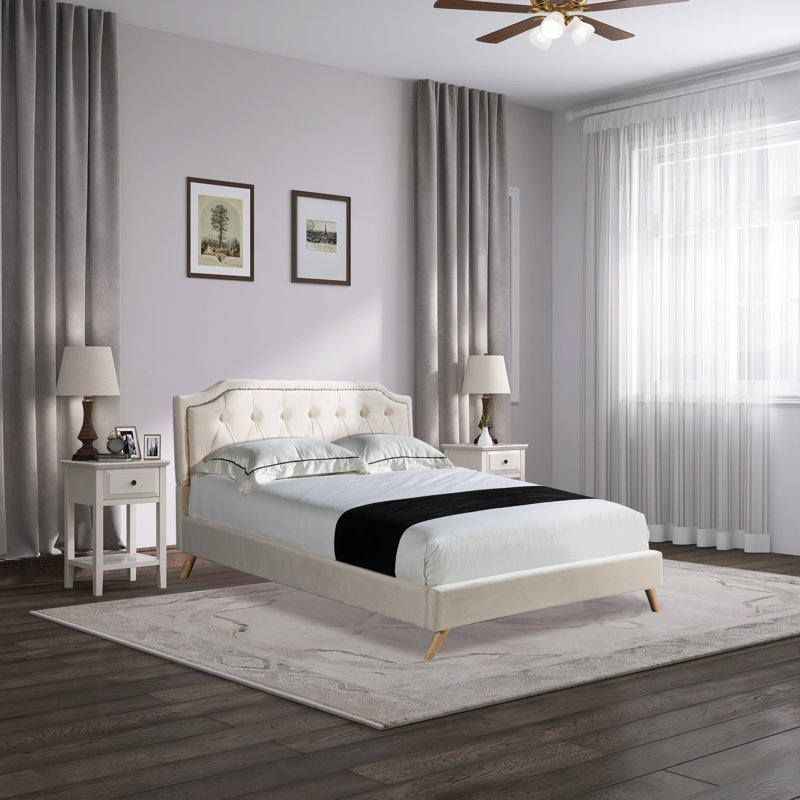 Lit plateforme tapissier capitonné Dilcia, Complète, Beige