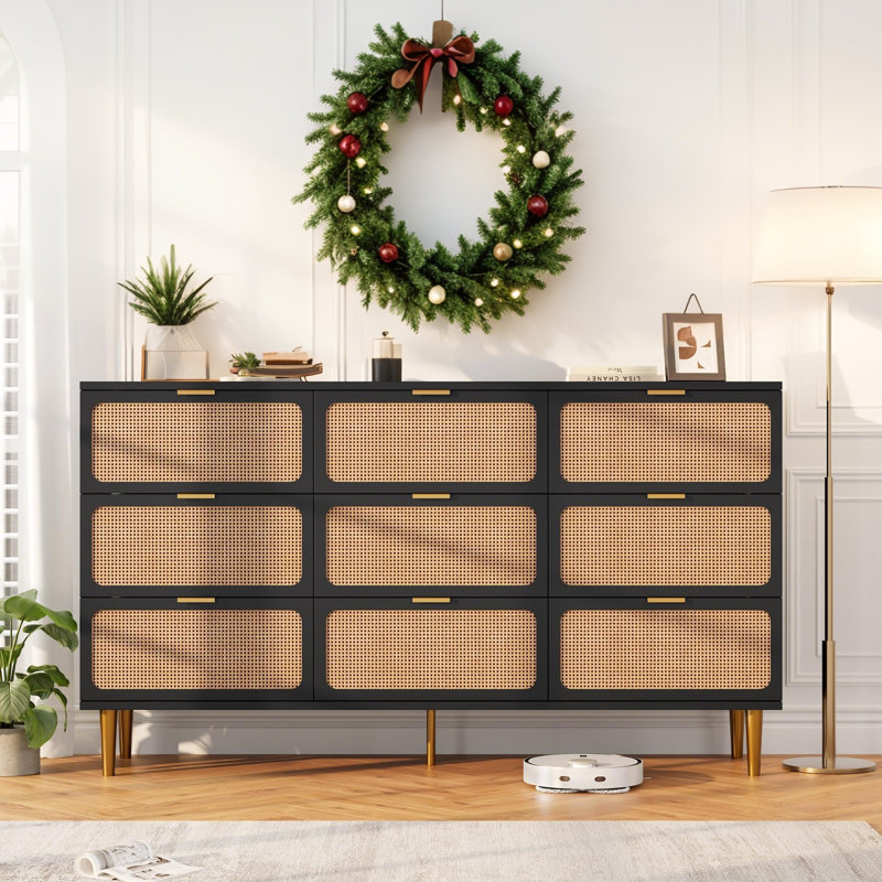Rattan 9 Drawer Dressers for Bedroom, Tall Dresser with Deep Drawers, Black
