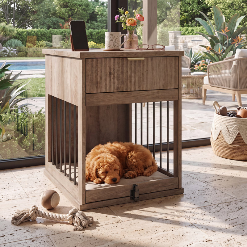Table de bout pour chien avec station de charge et tiroir de rangement, table d'appoint moderne pour chenil, maisonnette d'intérieur pour petits et moyens chiens