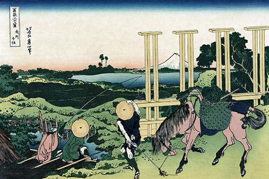 «Senju in Musashi Province» par Katsushika Hokusai - impression d'art graphique, 20 po x 30 p