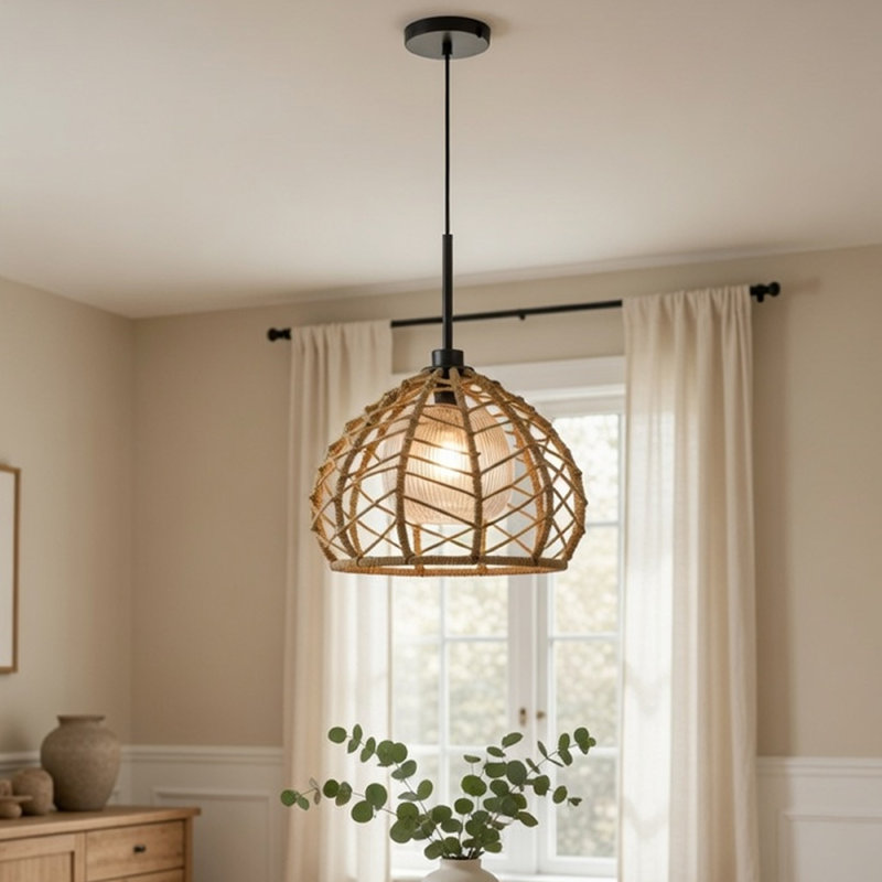 Ceiling Pendant Light, Braided Burlap Dome Shade, 21 Inch Black Metal