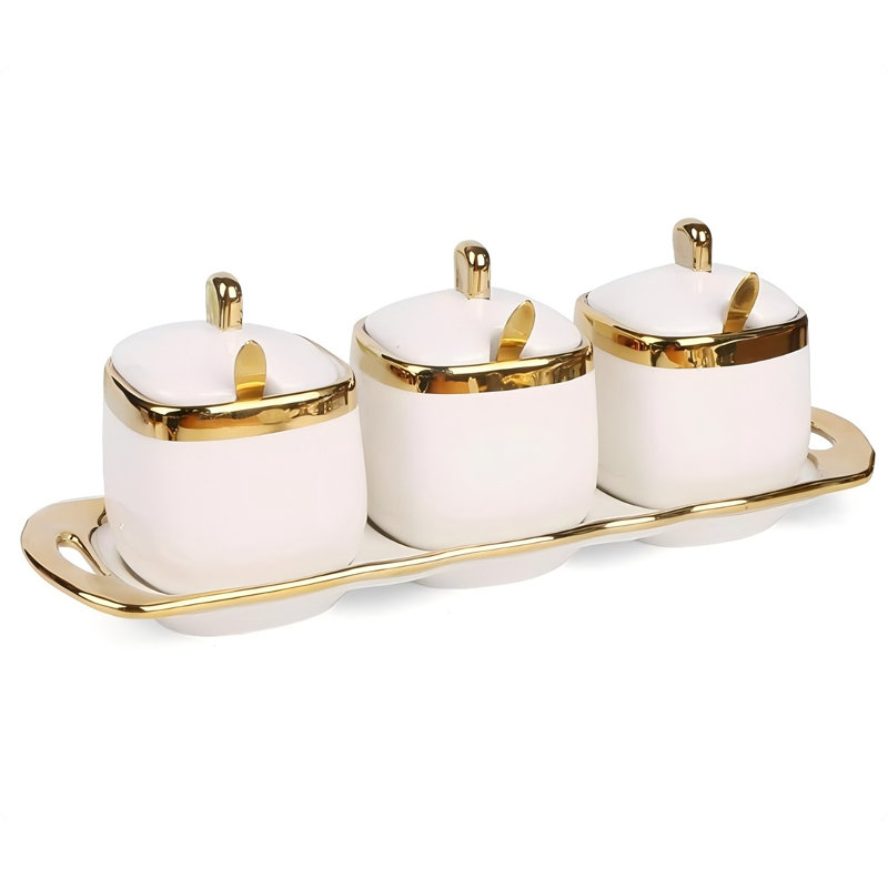 Sucrier avec couvercle et cuillère, contenants de sel en céramique pour comptoir, ensembles de contenants de sel et de sucre, bols à assaisonnement blancs, contenants à condiments dorés pour bar à cuisine