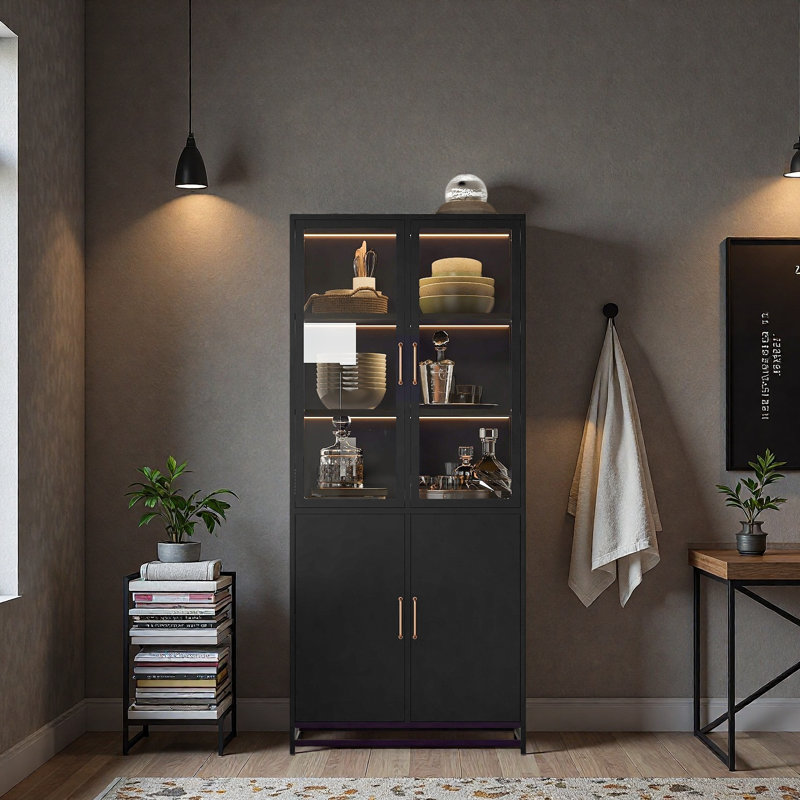 76.75'' Tall Display Cabinet, With Glass Doors And LED Lights, Black