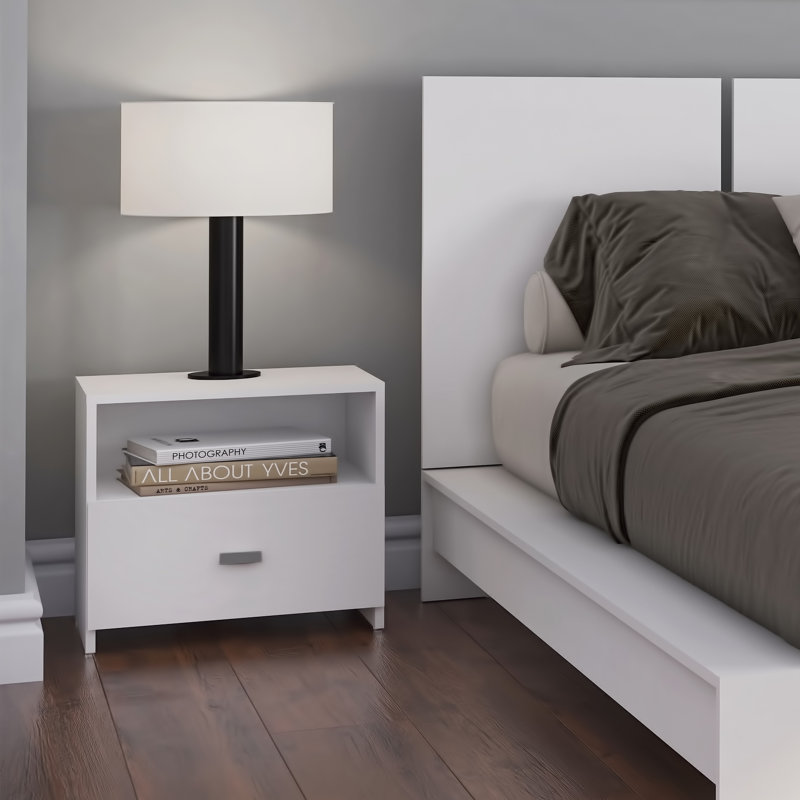 Plateforme Zen Omega - Lit avec tête de lit et tables de chevet (2) - Assemblage facile, aucun sommier requis, Blanc