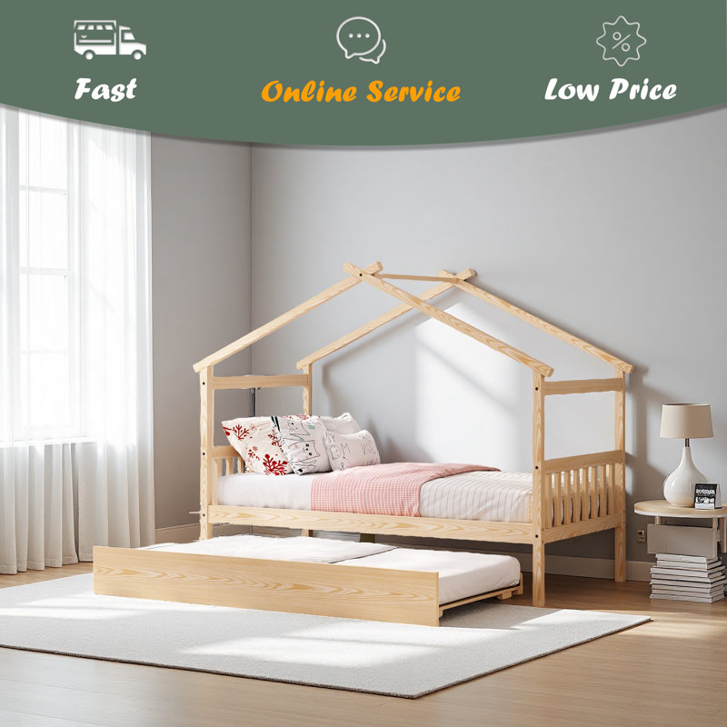 Wooden House Bed With Twin Size Trundle, Twin, Natural