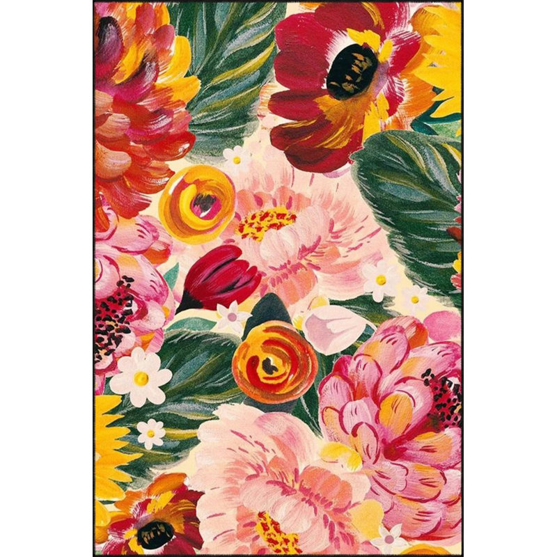 Pink Floral Woven Base Washable Carpet, Round 3'4"