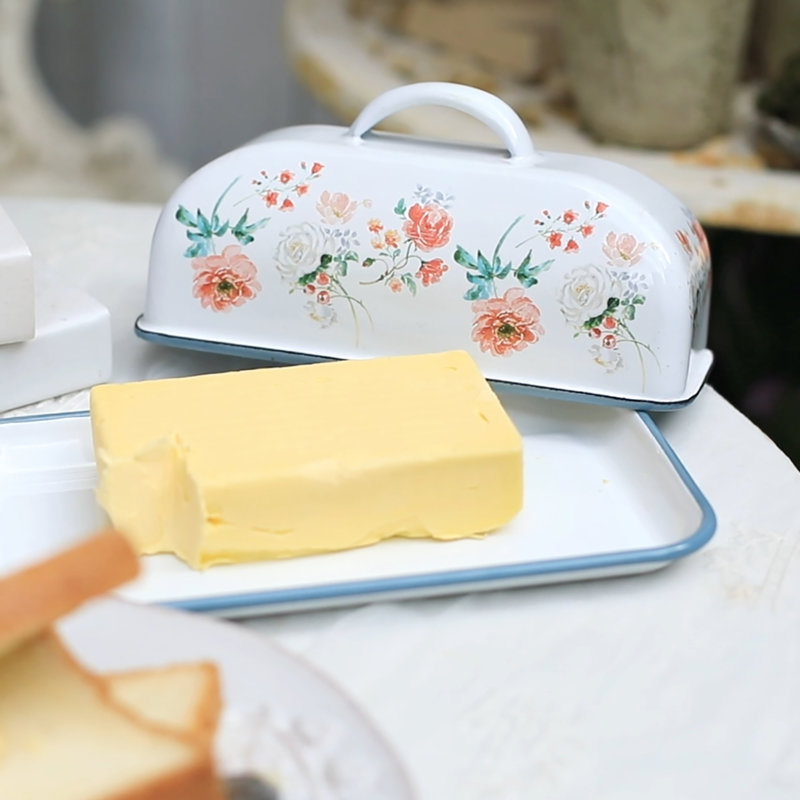 Contenant à beurre en forme de beurre, contenant à beurre en émail de ferme rétro avec motifs floraux pour le comptoir de cuisine