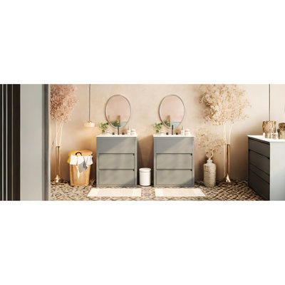 Double Sinks Bathroom Vanity 60" Gray, Two Independent 30-Inch Units, Ceramic Sinks, Soft Close Drawers, 45 Design, , Ample Storage Gray Vanity, Separate Basins, Handleless Large Drawers