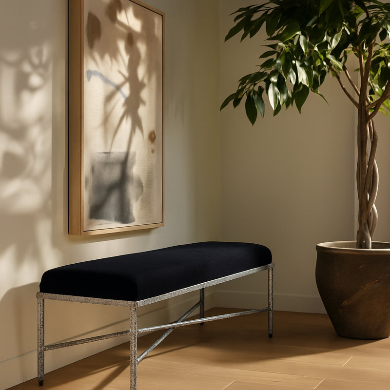 Banc en tissu Iyania Chenille, Argent argent, Tissu chenille noir