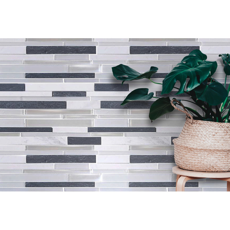 Iron Staircase Marble Slate & Glass Random Strips 12-In X 12-In Glass Mosaic Wall Tile(1-Sq. Ft/ Piece), Black/Beige/Gray