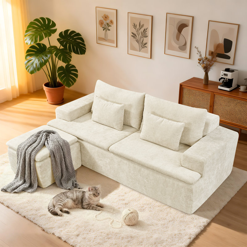83" Cloud Sectional Couch with L-Shape Chaise, Modular Sofa with Deep Seat Reversible Ottoman, Boneless Couches for For Living Room, Cushion Back, Includes 2 Throw Pillows, Sofa in a Box