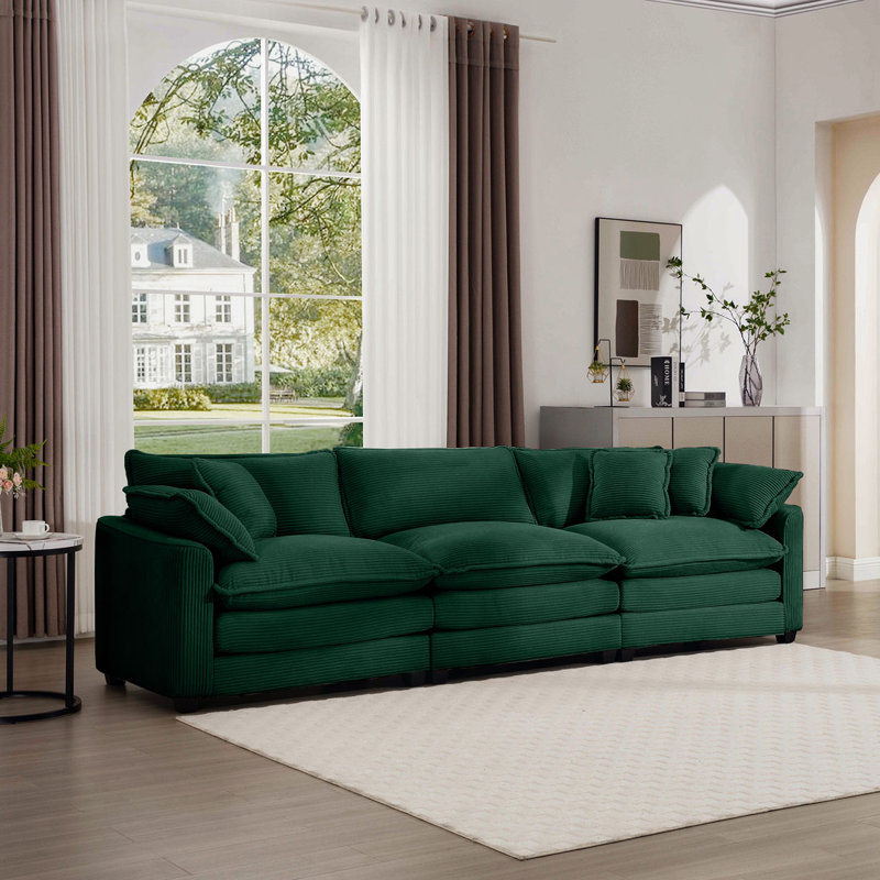 Bequette Sofa, 3, Green Corduroy, 34" H x 114.5" W x 34.5" D