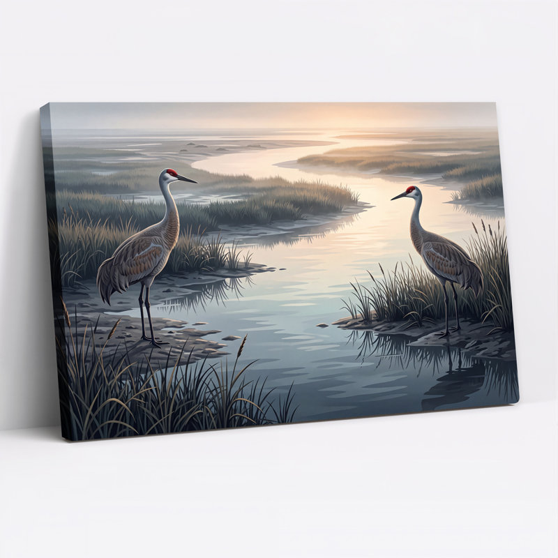 Art mural sur toile, "Deux grues du Canada", H 32 po x l 48 po