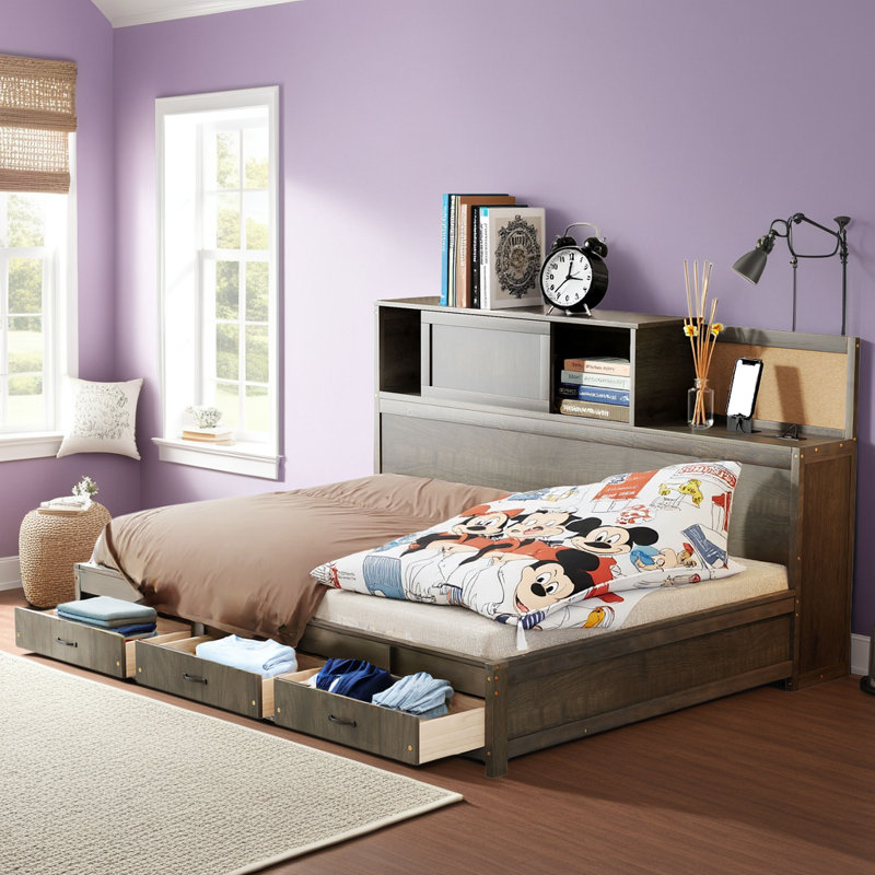 Lit de jour double en bois Afor, canapé-lit avec tiroirs de rangement, ports USB et tablette supérieure amovible, Gris