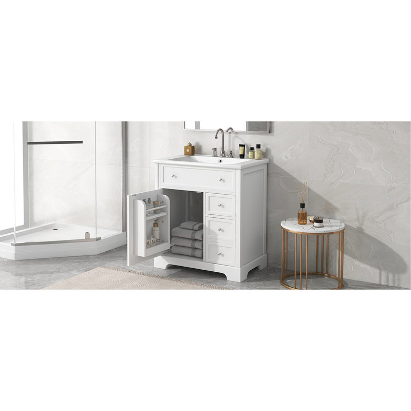 Meuble-lavabo pour salle de bain avec comptoir, meuble-lavabo avec porte et deux tiroirs, planches en panneau de fibres à densité moyenne, bois massif, un ensemble