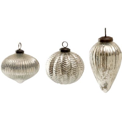set of 3 silver glass ornaments